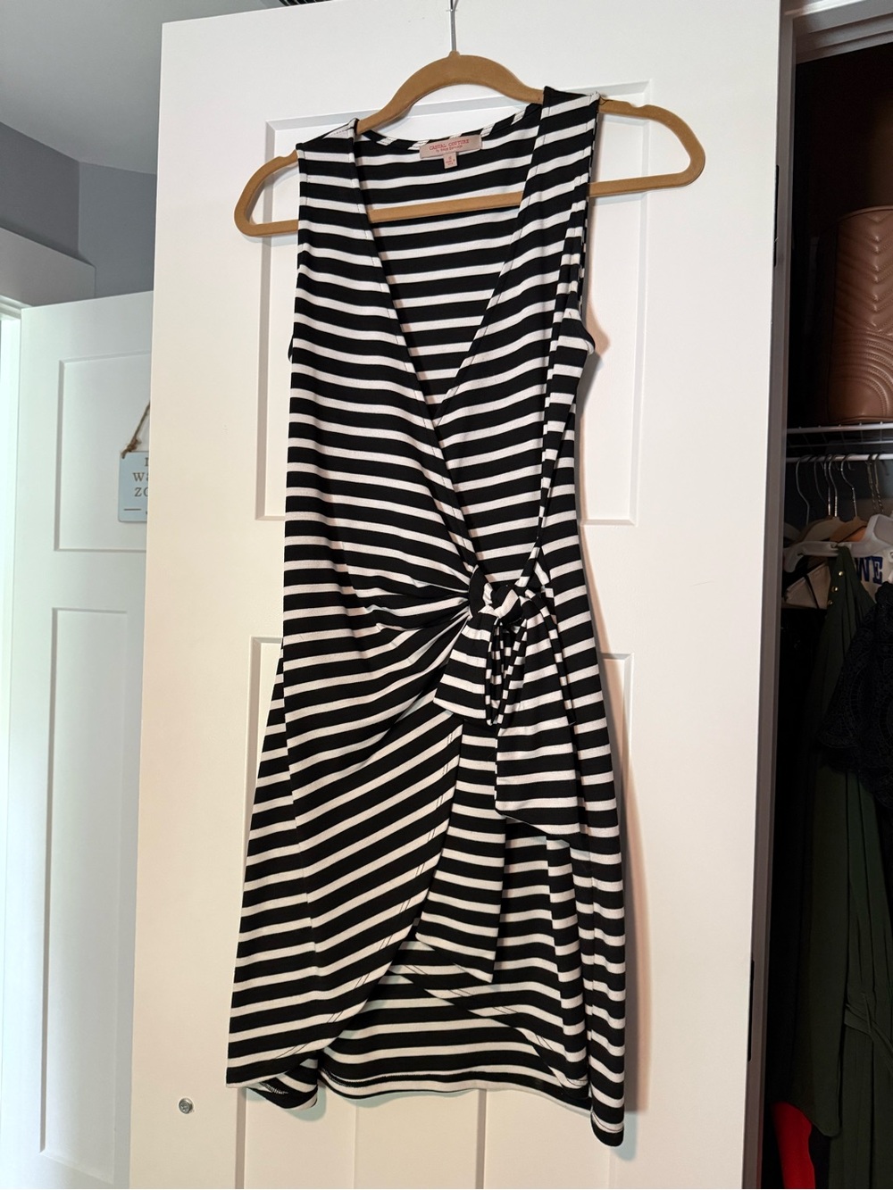 Green Envelope Black & White Striped Wrap Dress